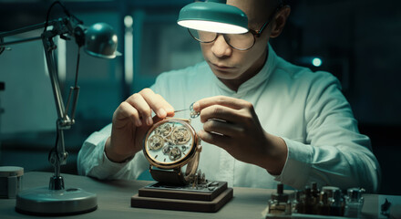 Young asian male watchmaker working on intricate timepiece in workshop
