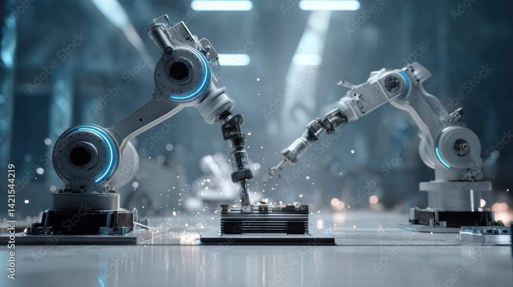 Aufkleber robotic arms assembling components in high tech environment, showcasing precision and innovation. sc