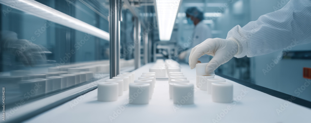 Poster technician in cleanroom is carefully placing cylindrical white objects on production line, showcasin