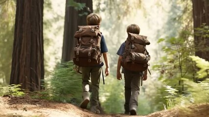 Two Backpackers Embark: Capture a serene scene as two backpackers journey through a tranquil forest, their backs turned toward the viewer.