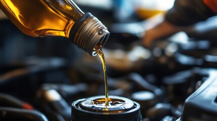 Fluid dynamics of engine maintenance capturing the moment of oil pouring