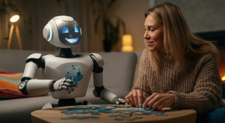 Fototapeta premium Female adult caucasian human and smiling robot sharing puzzle time in cozy room