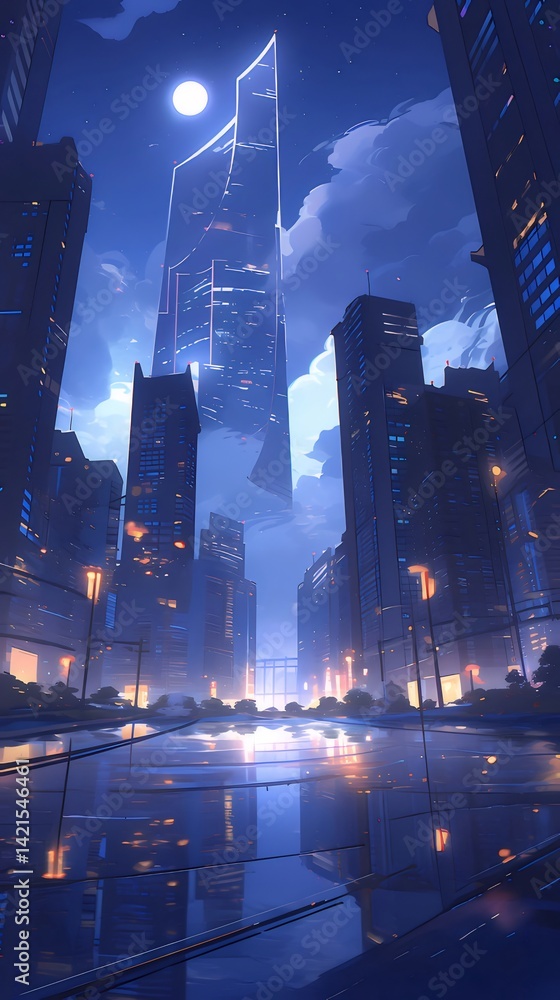 Poster 青い夜の街並みの高層ビル群と月のイラスト 空の雲と街灯の光が反射する濡れた道路