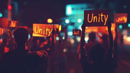 Protesters Holding Signs for Unity During Nighttime Demonstration