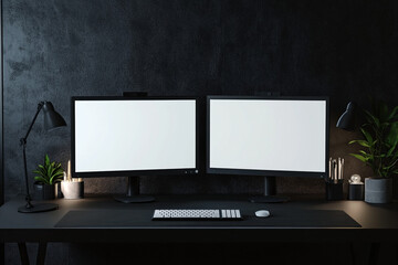 Dark minimalist workspace with dual monitors keyboard mouse and plants