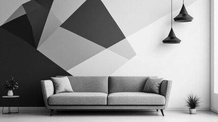 Modern minimalist living room with geometric wall decor. Gray sofa, neutral tones, and elegant pendant lights