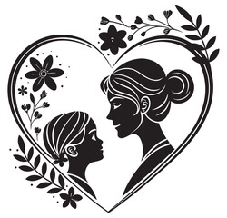 Elegant Heart Logo Featuring Mother and Child with Flowers Art & Illustration
