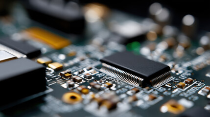 High resolution close up of circuit board showcasing intricate details of electronic components, including microchip and various connections, highlighting technology and innovation