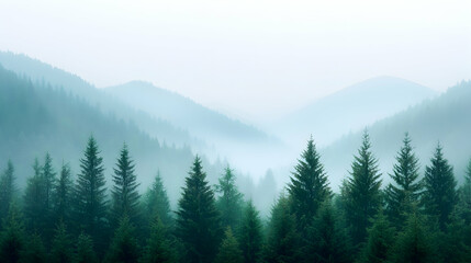 Fototapeta premium Misty Mountain Forest Landscape with Green Trees