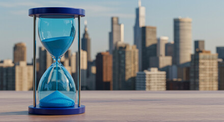 Blue hourglass against city skyline time management concept modern serene aesthetic