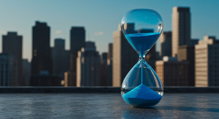 Blue hourglass on city rooftop time fleeting urban landscape sunset backdrop glass sand timer