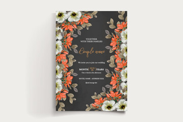 Obraz premium WEDDING INVITATION FRAME WITH FLOWER DECORATIONS AND FRESH LEAVES