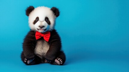 Fototapeta premium A cute baby panda wearing a red bow tie