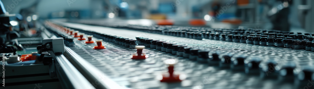 Poster automated production line with focus on battery cap placement, showcasing precision and efficiency i