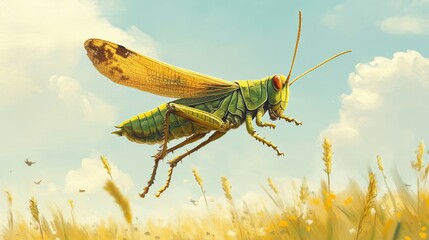 A green insect is flying above a field of tall grasses