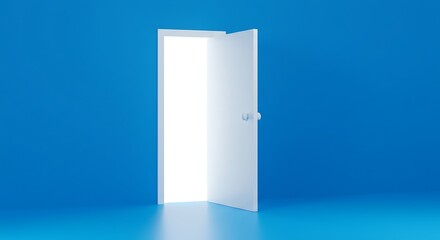 Open the door. Symbol of new career, opportunities, business ventures and initiative. Business concept. 3d render, white light inside open door isolated on blue background. Modern minimal concept.