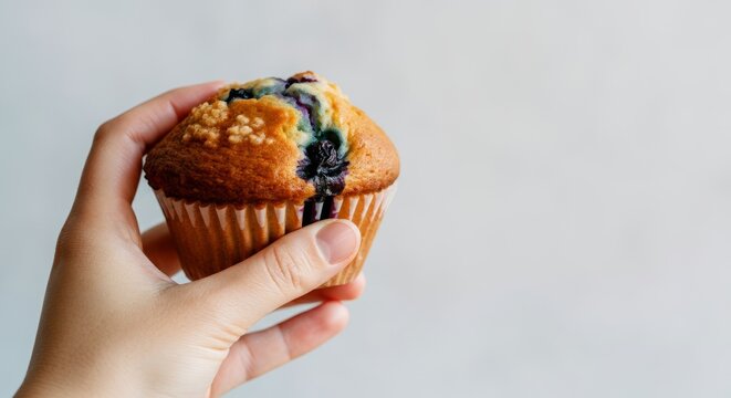 Close-up of hand holding freshly baked blueberry muffin against neutral background