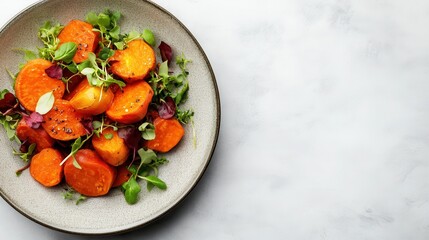 A vibrant display of colorful sweet potato chunks mixed with fresh greens, aiming to promote health, nutrition, and a delightful dining experience for people of all ages.