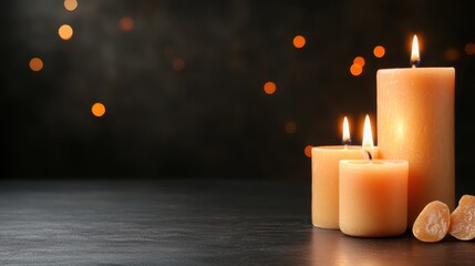 A soft glow from multiple lit candles softly illuminates a dark setting, surrounded by decorative stones, perfect for romantic evenings or meditative spaces.