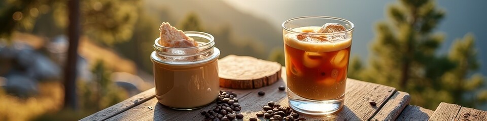 Iced coffee and creamy dessert jar on wooden table outdoors in sunlight