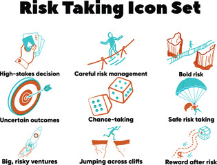 Risk Taking and Management Concept Doodle Icon Set for Business Challenges and Ventures

