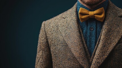 Elegant man in tweed suit with yellow bow tie, showcasing refined fashion style and classic tailoring techniques