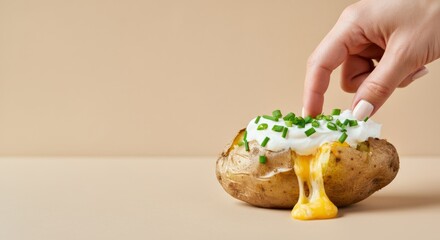 Hand touching stuffed baked potato with sour cream and chives on beige background