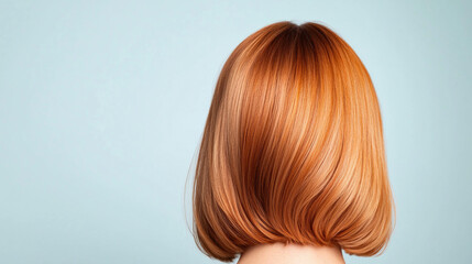 Naklejka premium vibrant, smooth bob hairstyle showcases rich, warm orange color against soft blue background, creating striking contrast that evokes sense of modern elegance and style