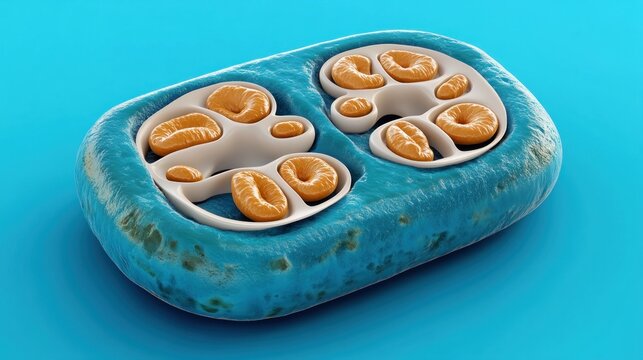 3d rendering of a bilobed cell with internal compartments.