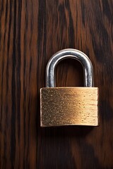 Fototapeta premium Brass Padlock on Dark Wood Background Security Concept
