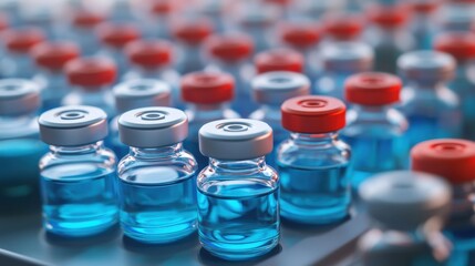 Vaccine Vials with Colorful Caps on Laboratory Table Display