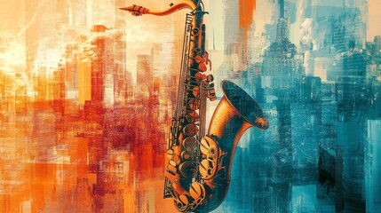 A saxophone stands boldly against an abstract cityscape background