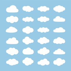 Set of Cloud Icons – Flat White Cloud Shapes on Blue Background