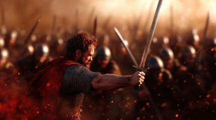 A courageous warrior leads the charge in a fierce battlefield, symbolizing bravery and leadership amidst chaos, capturing an intense moment of action and emotion.