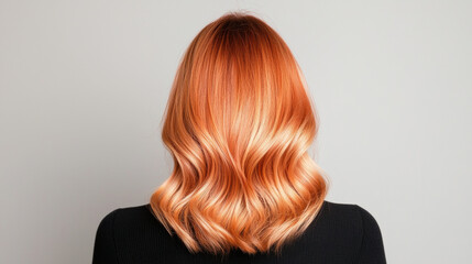 Fototapeta premium vibrant hairstyle featuring soft copper tones with rich gradient ombre effect, showcasing beautiful waves and glossy finish. hair flows elegantly, creating stunning visual appeal