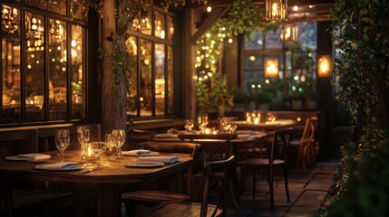 Cozy Restaurant with Warm Lighting and Greenery for Perfect Dining Experience