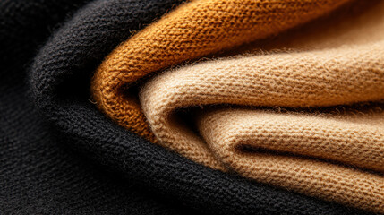 Fototapeta premium Soft woolen fabric in rich colors, featuring gradient of dark espresso, warm gold, and light beige. textures create cozy and inviting feel, perfect for autumn fashion