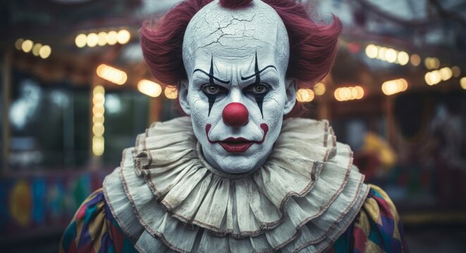 Creepy clown in vintage carnival setting with intense stare and colorful costume at night
