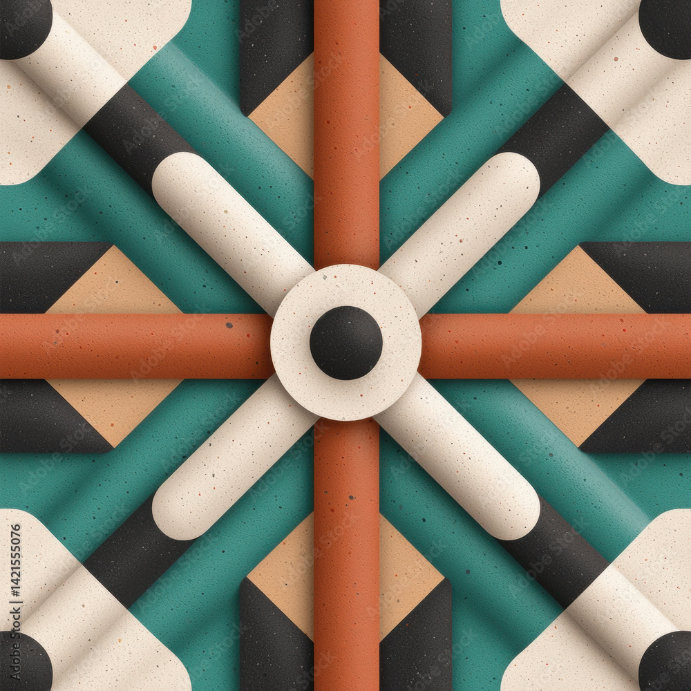 Poster vibrant and intricate geometric pattern featuring radial symmetry, with mix of earthy tones and bold