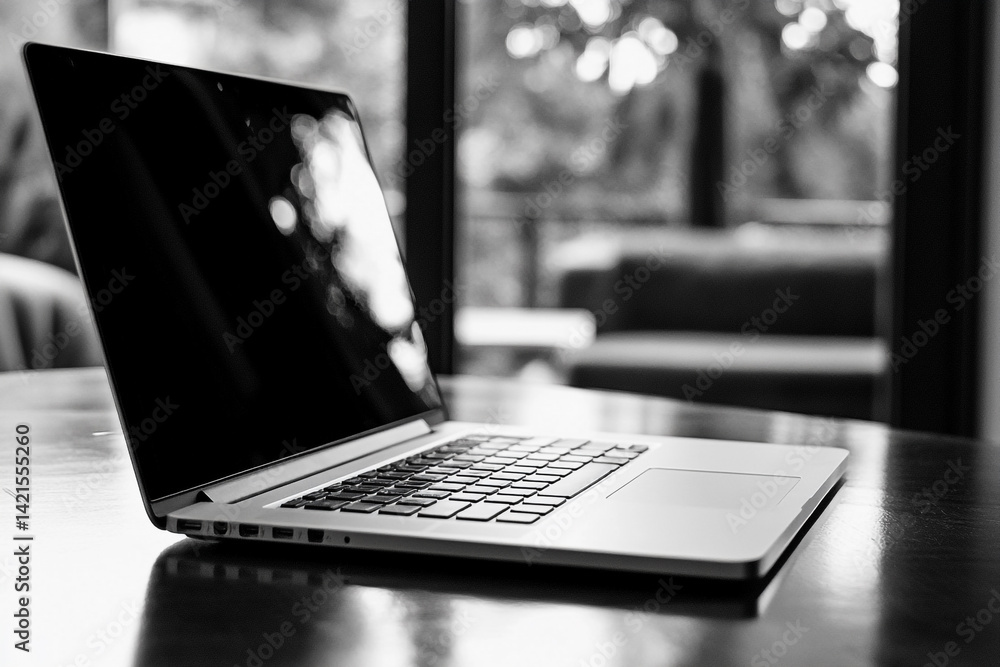 Poster laptop computer on a table near a window with a blurry background