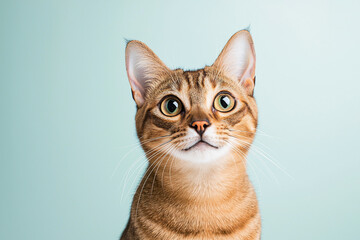 Obraz premium sharp studio portrait of Abyssinian cat with striking green eyes, showcasing its playful and curious nature against soft pastel background