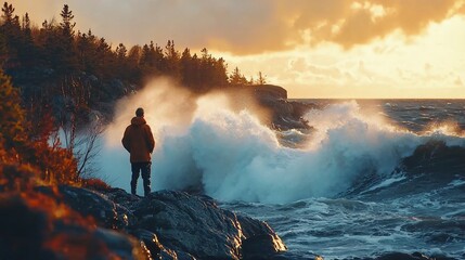 Man watching dramatic sunset waves crash on rocky coast