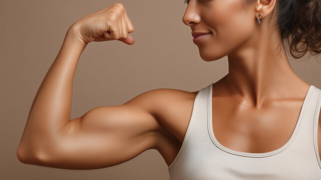 Woman demonstrating strength by flexing her arm muscle against a light beige background