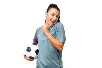 Young football player Woman over isolated chroma key background celebrating a victory