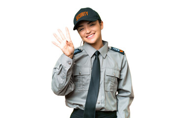 Young safeguard woman over isolated chroma key background happy and counting four with fingers
