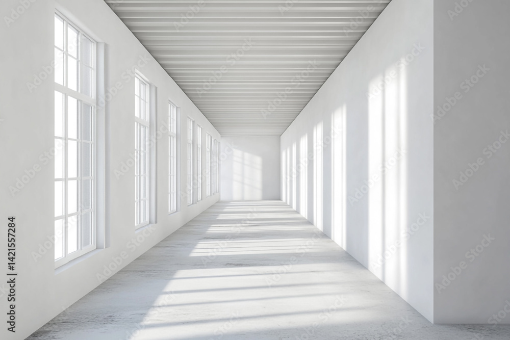 Poster sunlit empty white room with large windows and high ceiling