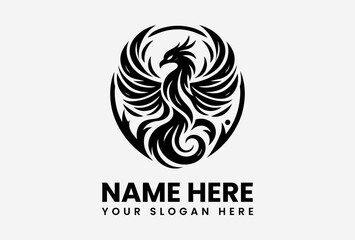 Black phoenix bird vector logo with wide spread wings, elegant mythical creature emblem in bold silhouette style