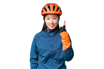 Young cyclist woman over isolated chroma key background pointing with the index finger a great idea