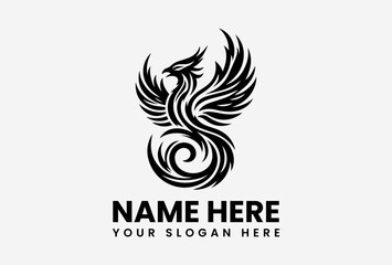 Minimalist black phoenix bird logo vector, wide wings mythical firebird design with clean and modern style