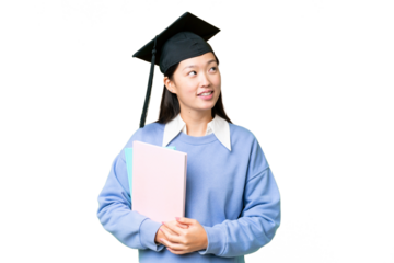 Young student woman over isolated chroma key background thinking an idea while looking up